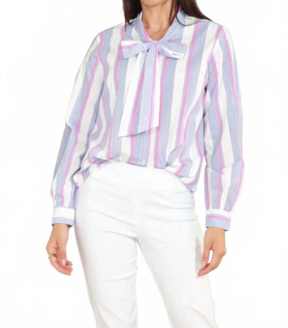 NEW ZERO DEGREES CELSIUS bow stripe blouse in white blue fuchsia